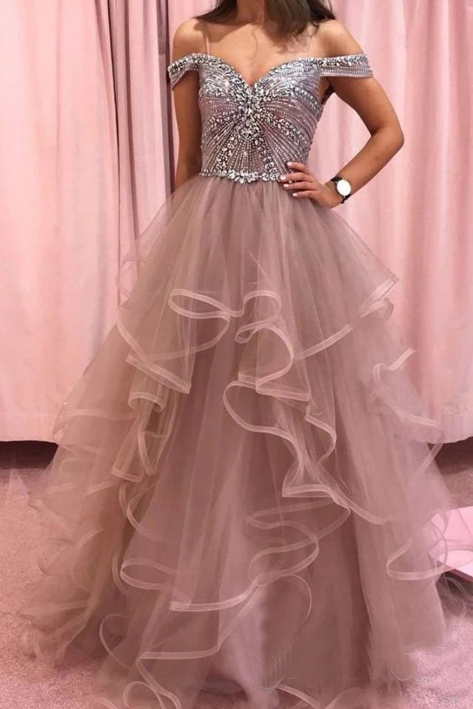 Elegant Rhinestones Layered Off the Shoulder Prom Dresses, Rose Pink Tulle Party Dresses STC15196