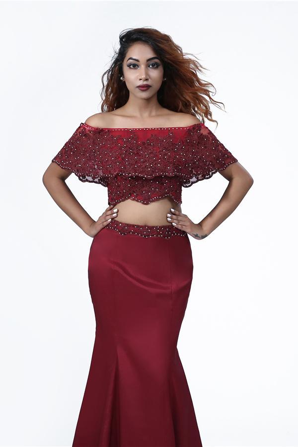 Elegant Mermaid Off the Shoulder Two Pieces Beades Burgundy Prom STC20416