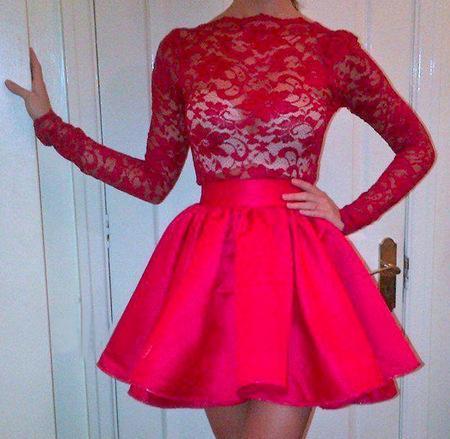 High Neckline Long Sleeves Red Lace Top Short Prom Dresses, Homecoming Dresses STC15237