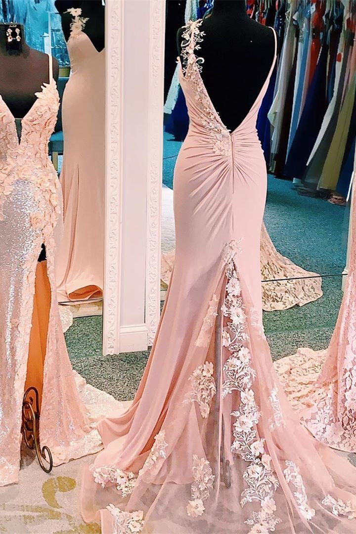 Unique Mermaid V Neck Spaghetti Straps Pink Prom Dresses, Cheap Party Dress STC15605