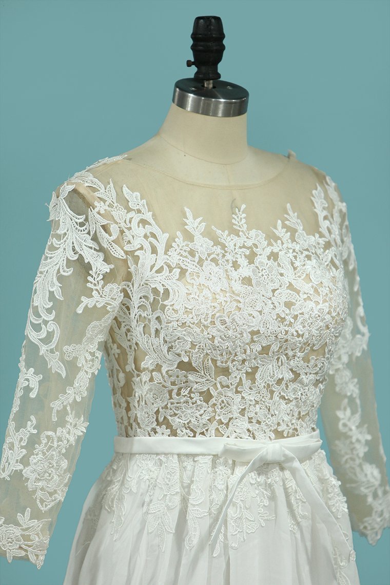 Scoop Chiffon Wedding Dresses 3/4 Length Sleeves