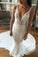 Mermaid Deep V Neck Backless Sweep Train Wedding Dresses with Lace Appliques