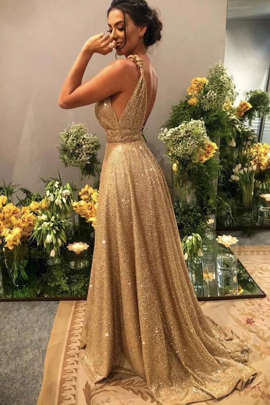 Charming Gold Sequins V Neck A Line Backless Prom Dresses Formal STC15627