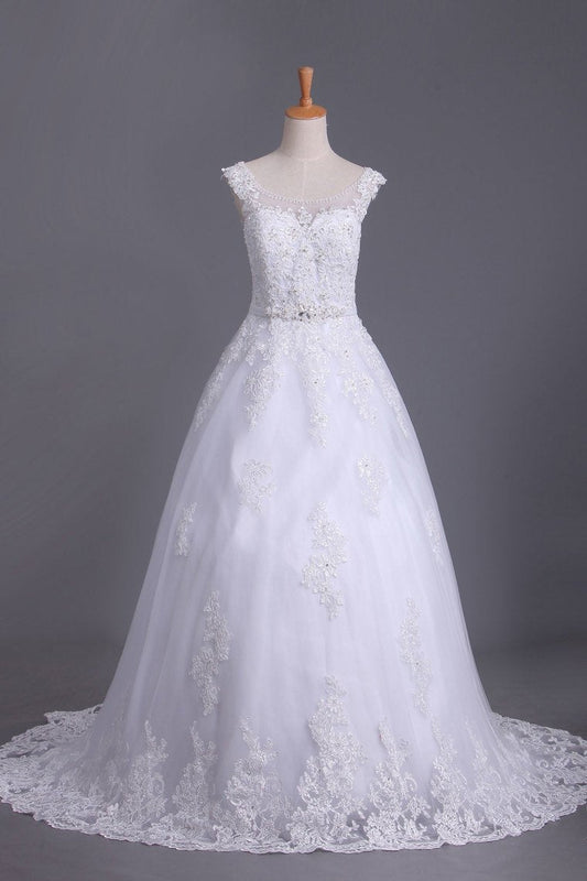 2021 A Line Cap Sleeve Scoop Tulle Wedding Dresses With Applique And Sash