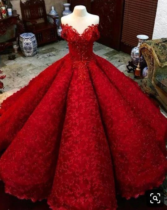 Ball Gown Red V Neck Long Off the Shoulder Prom Dresses, Quinceanera Dresses STC15563