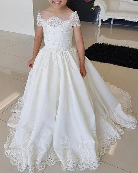 Lovely Cap Sleeves Appliques Ball Gown Little Flower Girl Dress, Off the Shoulder Baby Dress STC15257