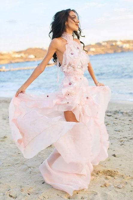 Boho Halter Backless Light Pink Chiffon Beach Wedding Dresses with Appliques Ruffles STC15082