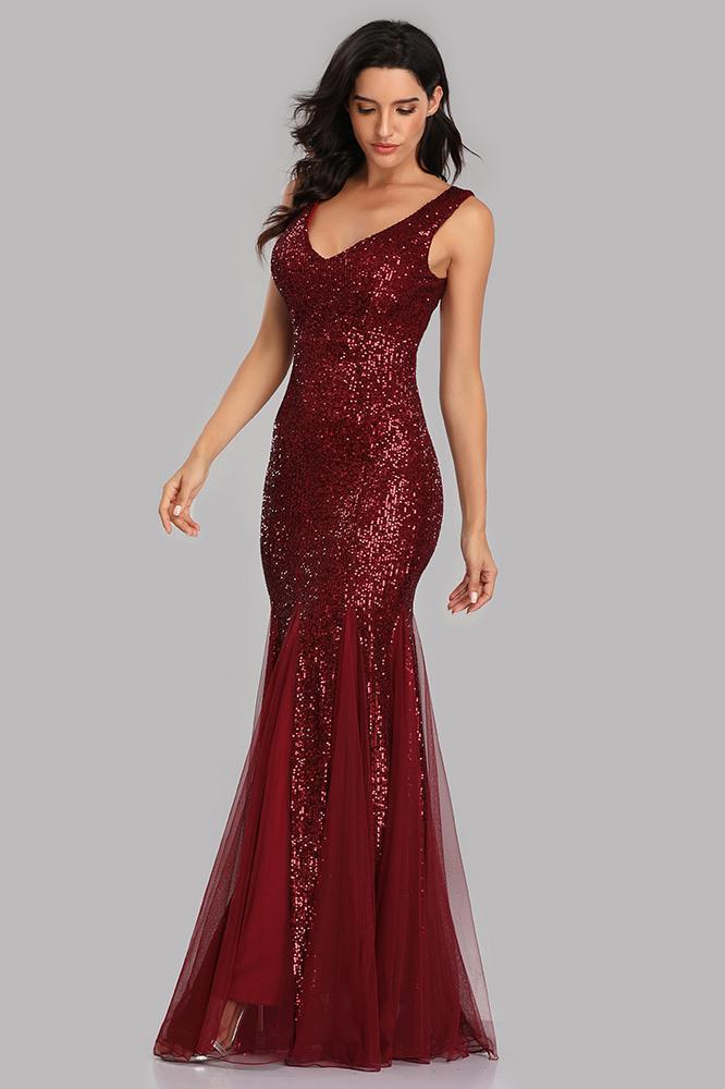 Sexy Burgundy Tulle V Neck Mermaid Sequin Prom Dresses, Evening Party Dresses STC15332