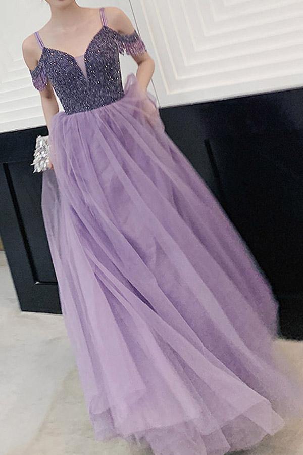 Tulle A Line Elegant Cold Shoulder Beaded Lilac Long Prom Party Dresses