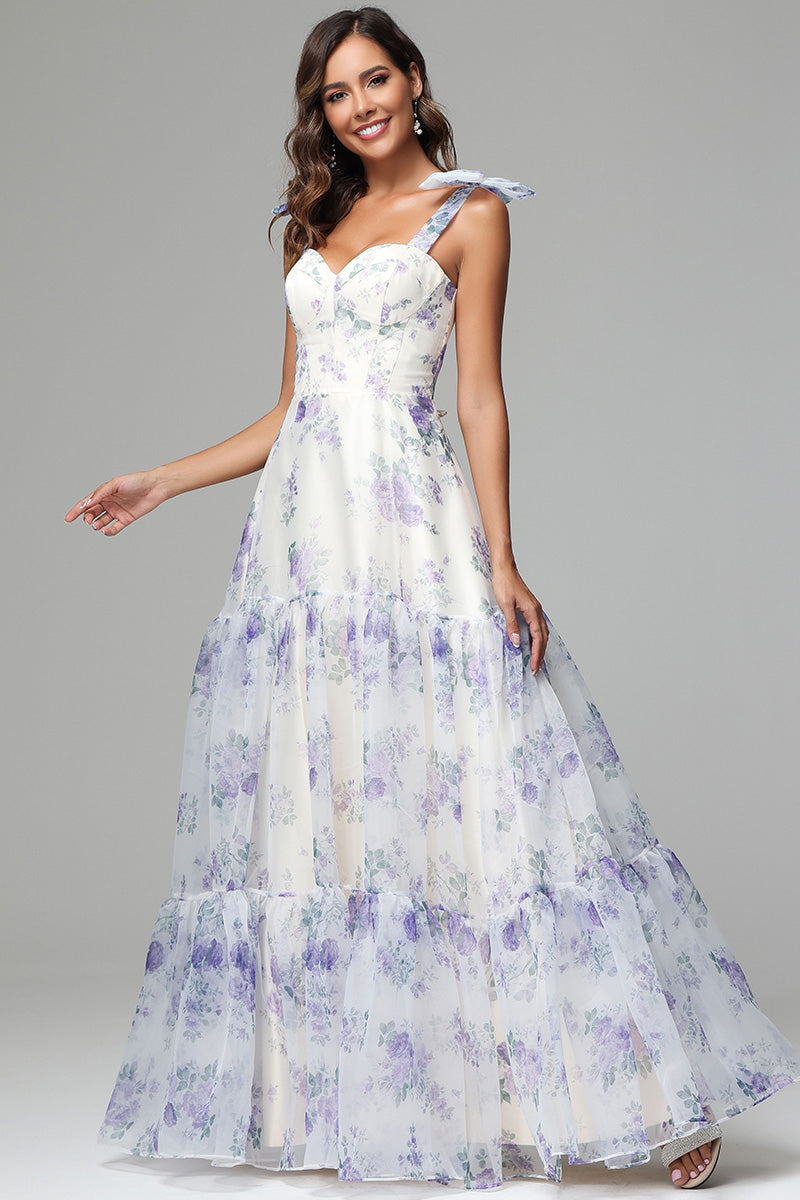 Elegant Straps Sweetheart Floral Printed Dresses for Wedding Guest