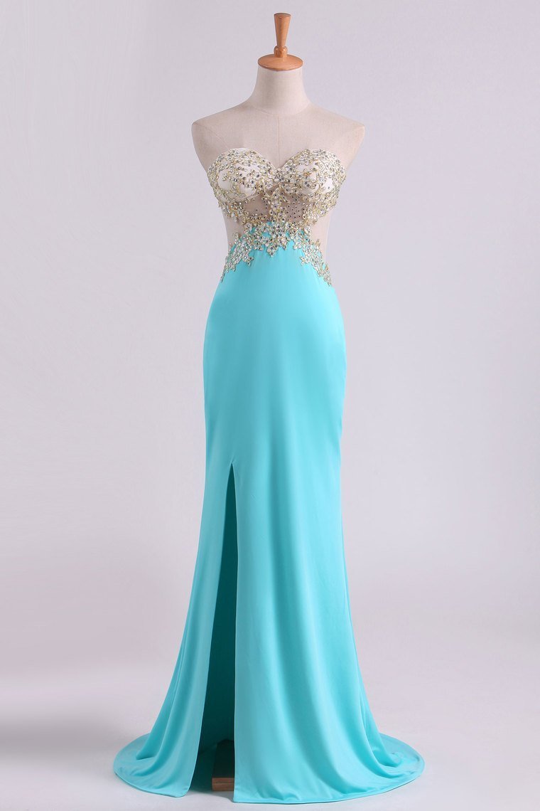 Sexy Prom Dresses Sheath With Slit And Applique Sweep Train