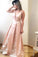 Beautiful V-Neck Pink Long A-Line Prom Dresses With Ivory