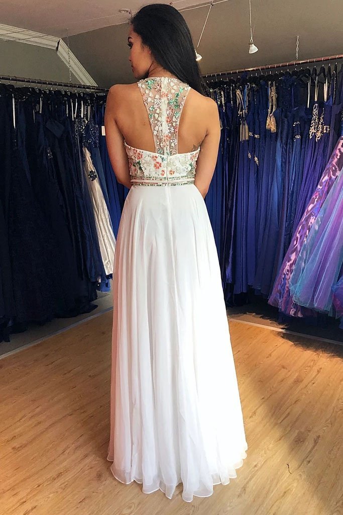 Unique A Line Colorful Beads Chiffon White Formal Dresses, Prom Evening Dresses STC15539