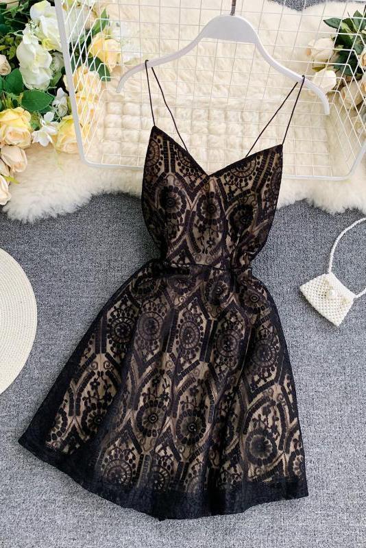 A Line Spaghetti Straps Lace V Neck Navy Blue Homecoming Dresses, Sweet 16 Dresses STC15555
