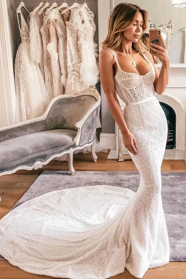 Sexy Mermaid Spaghetti Straps Lace Sweetheart Wedding Dresses, Bridal Dresses STC15530