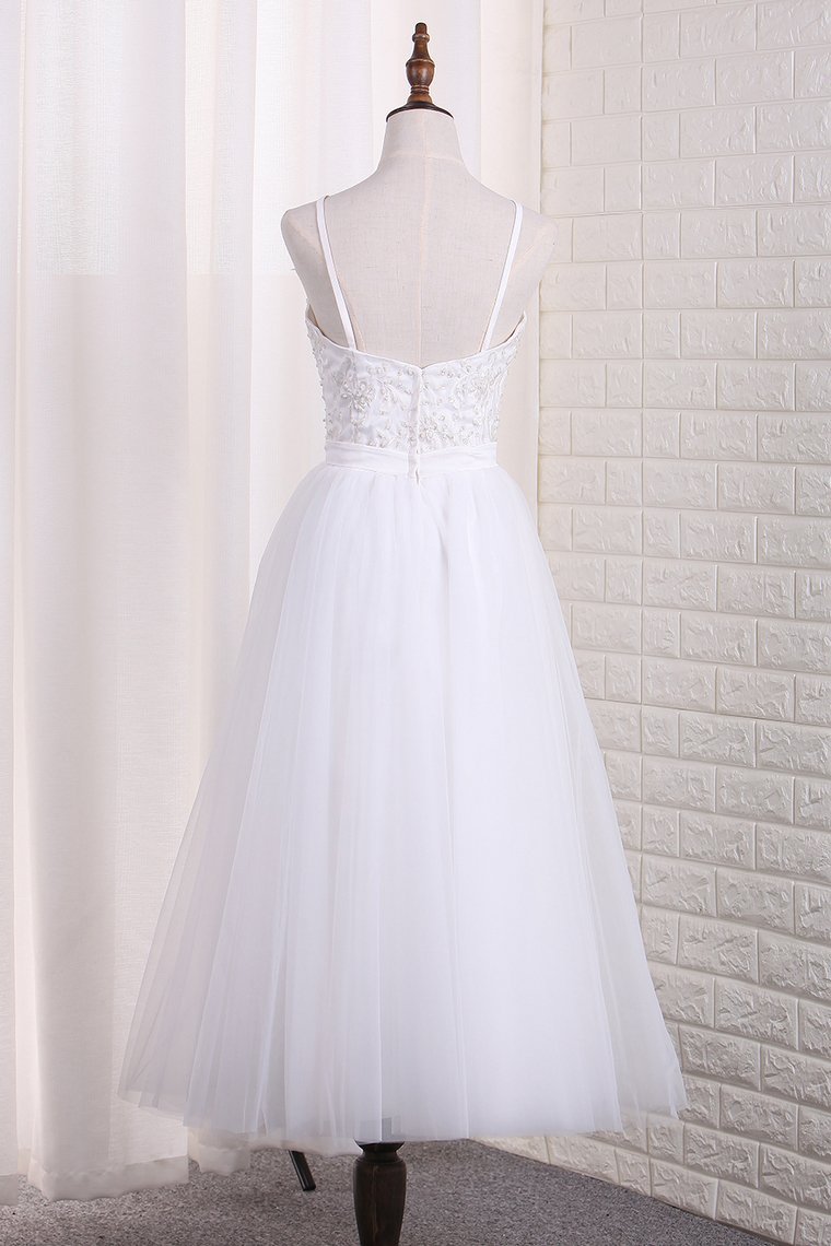2024 Spaghetti Straps A Line Bridesmaid Dresses Tulle With Embroidery