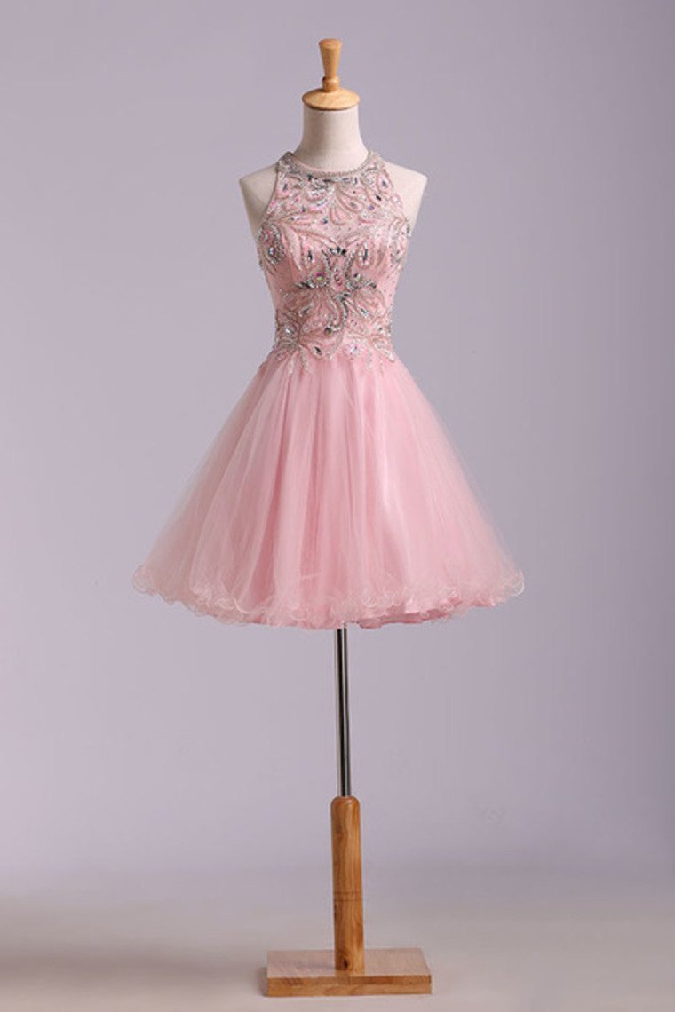 Stunning A Line Short/Mini Prom Dress Tulle With Beaded Lace Bodice Open Back