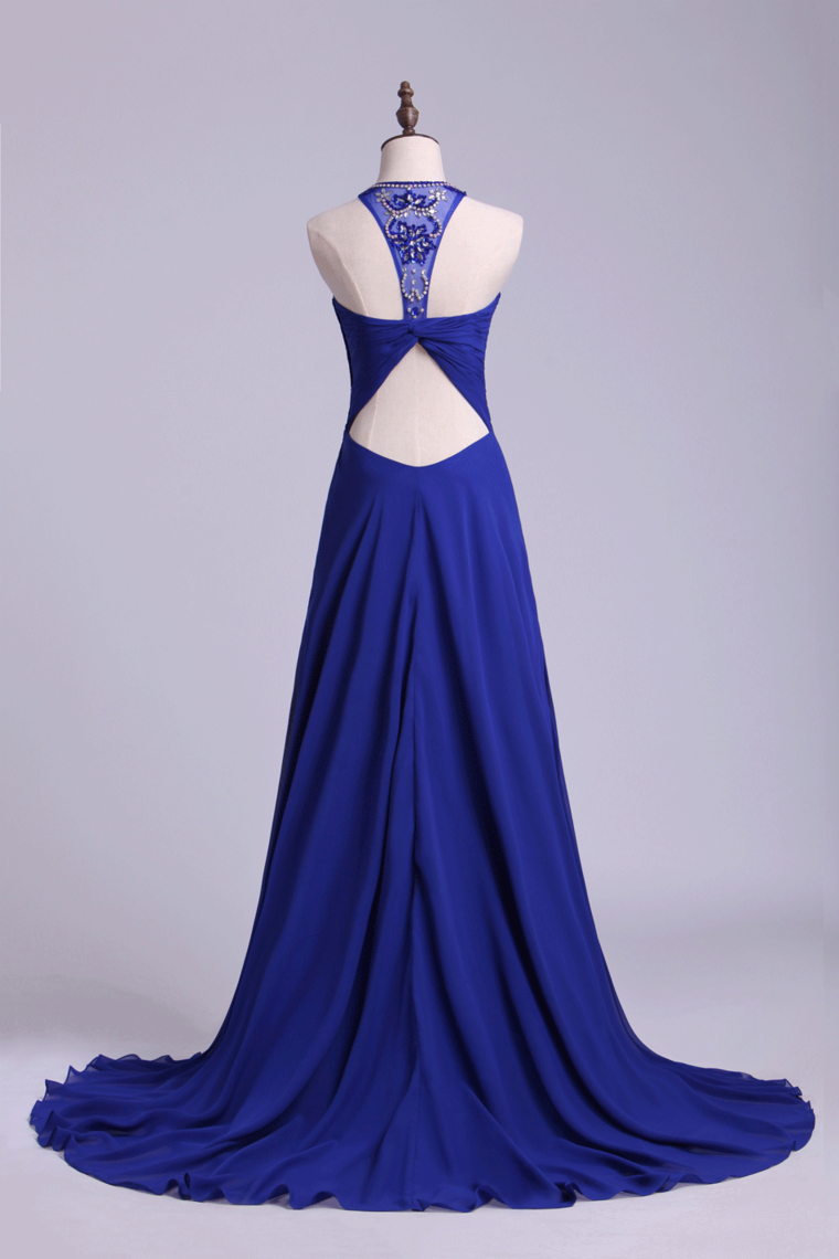 2024 Unique Dark Royal Blue Prom Dress Scoop A Line Chiffon With