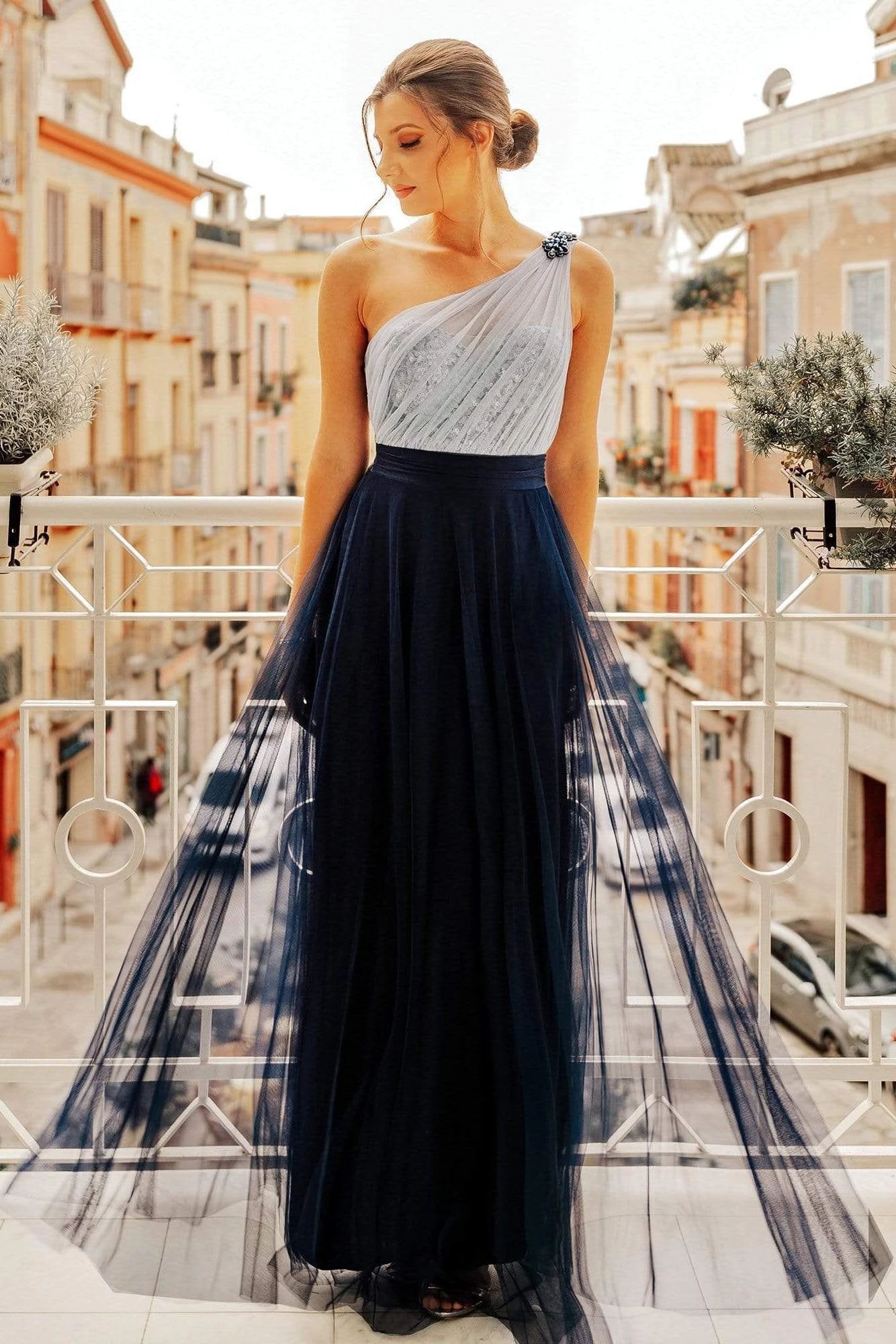 Flowy One Shoulder Navy Blue Tulle Long Prom Dresses, Cheap Formal Dresses STC15232
