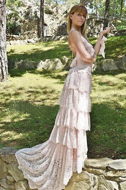 Spaghetti Tired Lace Vintage Wedding Dress with Sweep Train, Round Neck Bridal Dresses STC15425