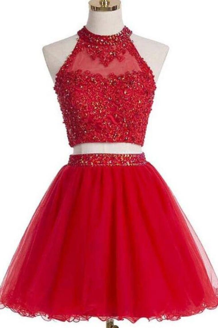 Two PiecesTulle With Beading And Appliques Homecoming Dresses A
