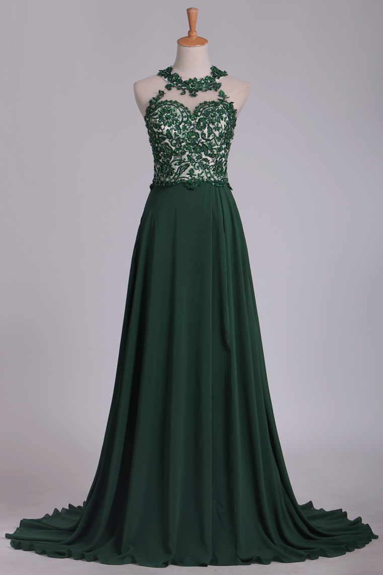 Scoop Chiffon With Applique And Beads Prom Dresses A Line Sweep