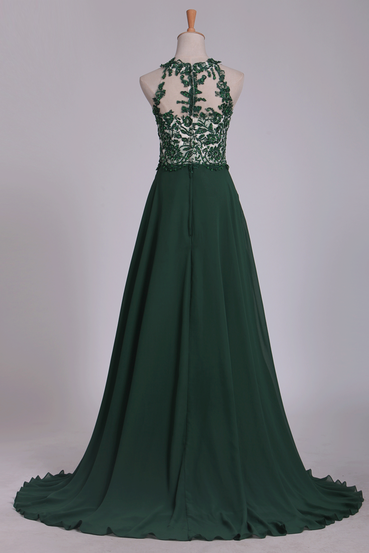 Scoop Chiffon With Applique And Beads Prom Dresses A Line Sweep