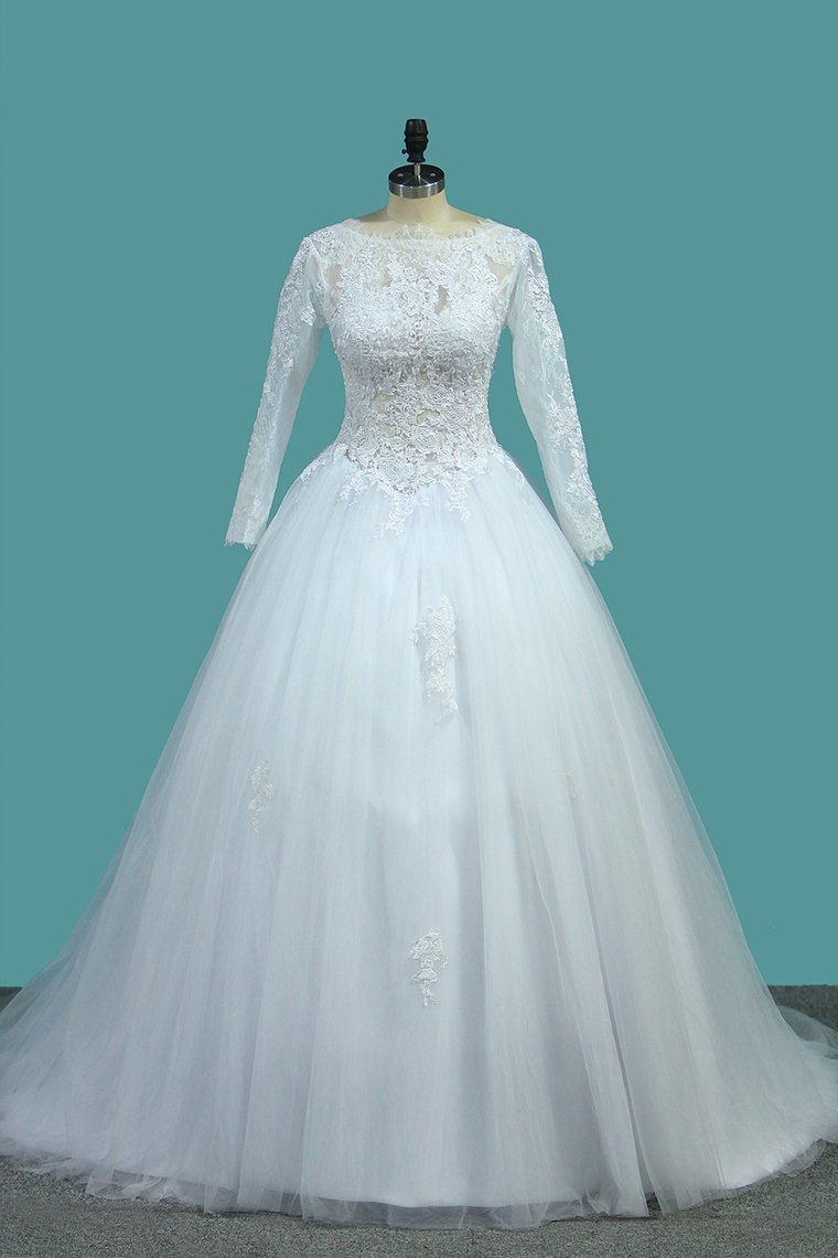 2024 Bateau Long Sleeves A Line Tulle Wedding Dresses With Applique Court