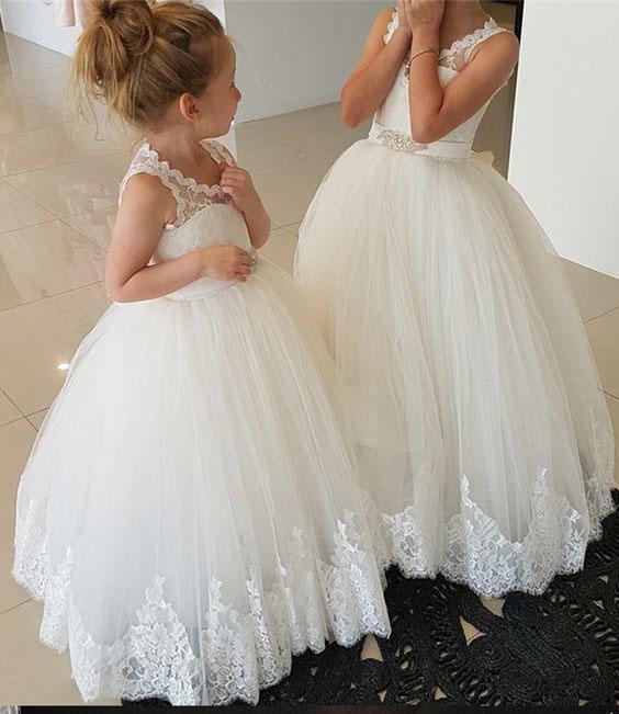 Princess Ivory Flower Girl Dresses with Lace Appliques, Cute Little Girl Dress STC15590