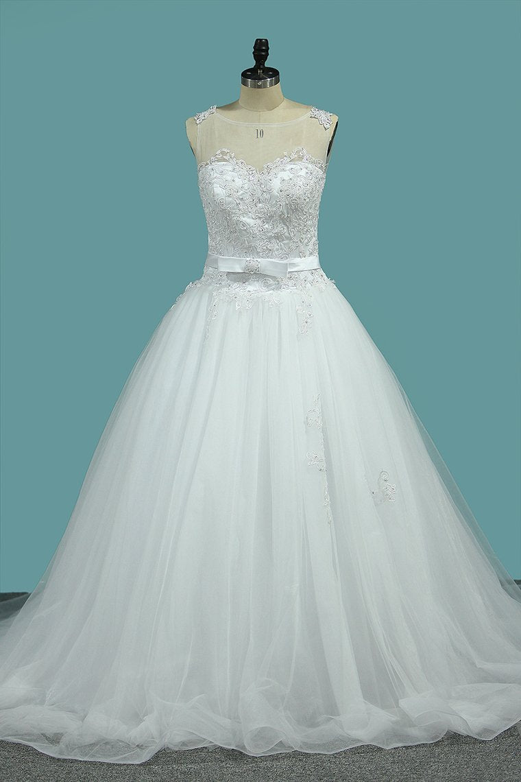 2024 Wedding Dress A-Line Scoop Tulle With Applique And Sash Court