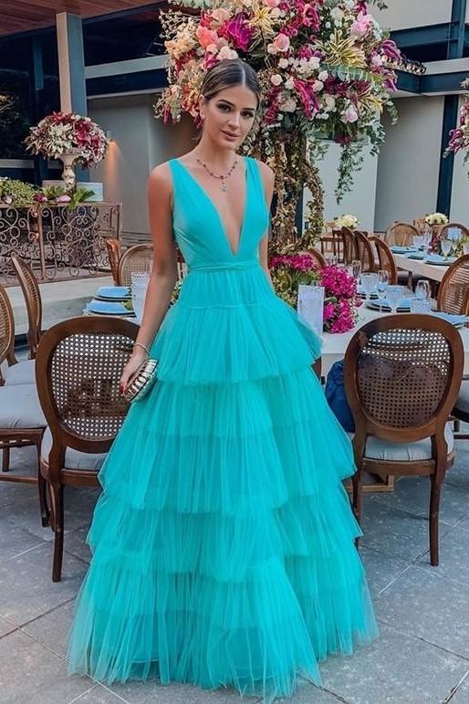 Spa Deep V-neck A Line Tiered Skirt Long Party Gowns Charming Tulle Prom Dresses