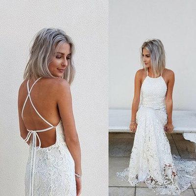 Simple Halter Mermaid Lace Appliques Wedding Dress Backless Beach Bridal Gowns