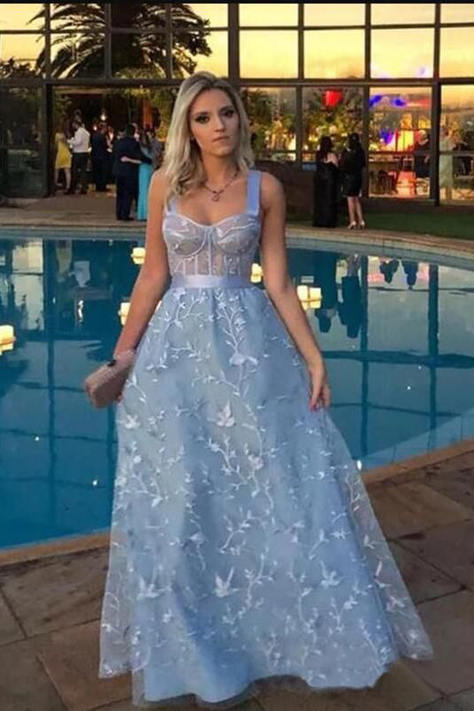 Chic Sky Blue Floor Length Lace A-Line Evening Dresses Straps Prom Dresses