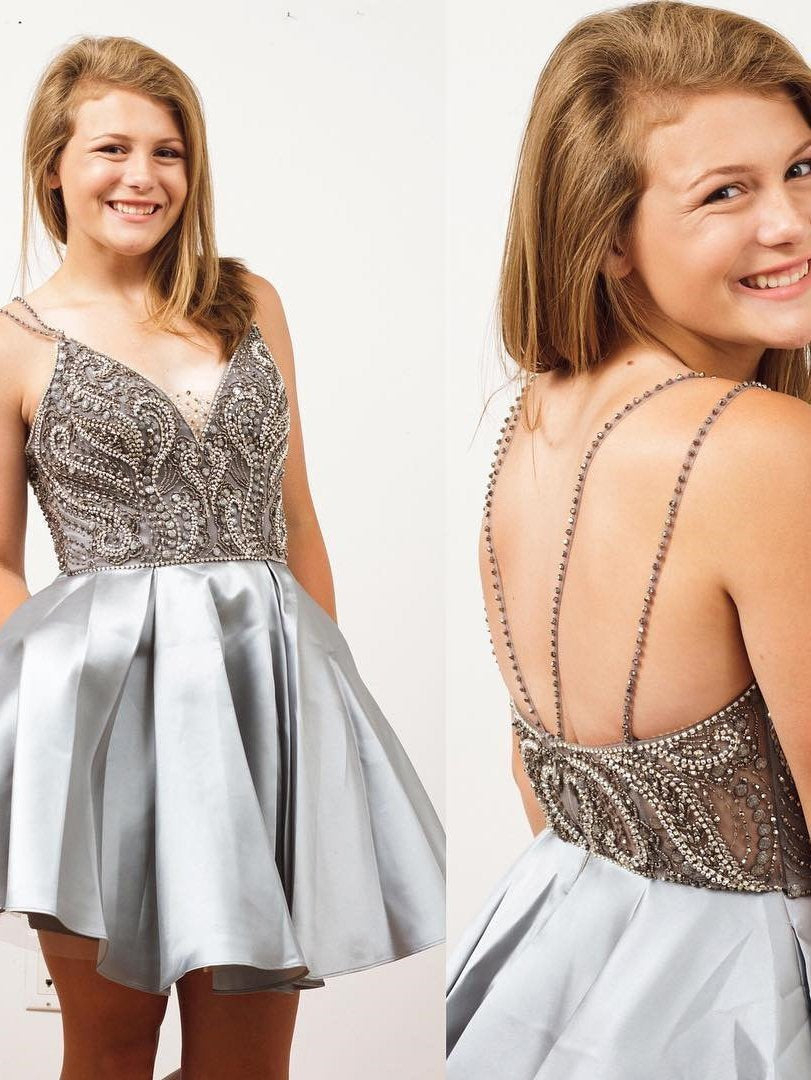 Straps Short Silver Beads Backless V-Neck A-Line Tulle Homecoming Dresses