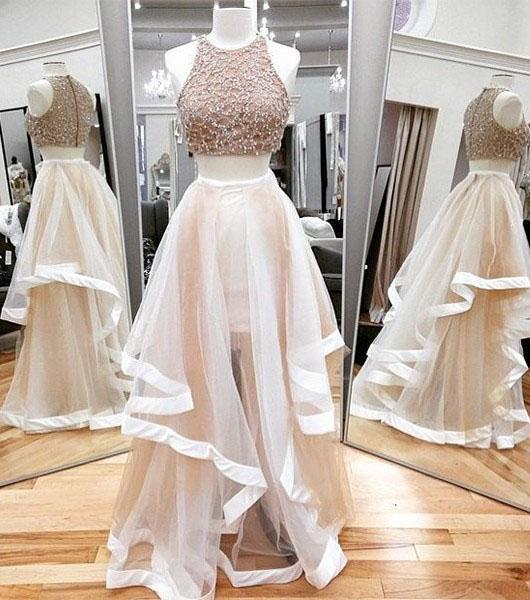 Sexy A-line Scoop Neck Tulle Beading Two Piece Halter Sleeveless Pink Prom Dresses