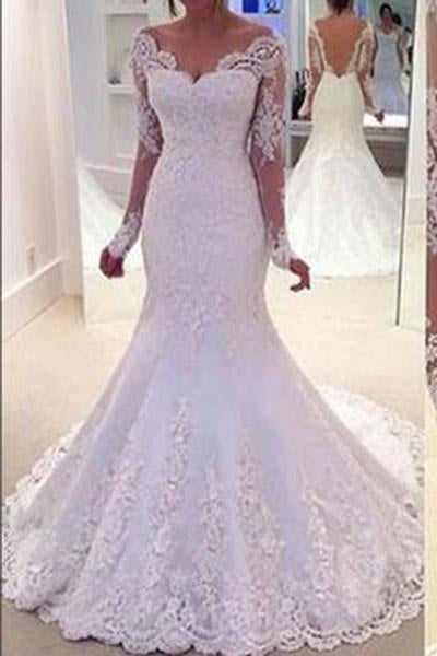 Long Sleeves Mermaid Lace Off-the-Shoulder Long Wedding Dress