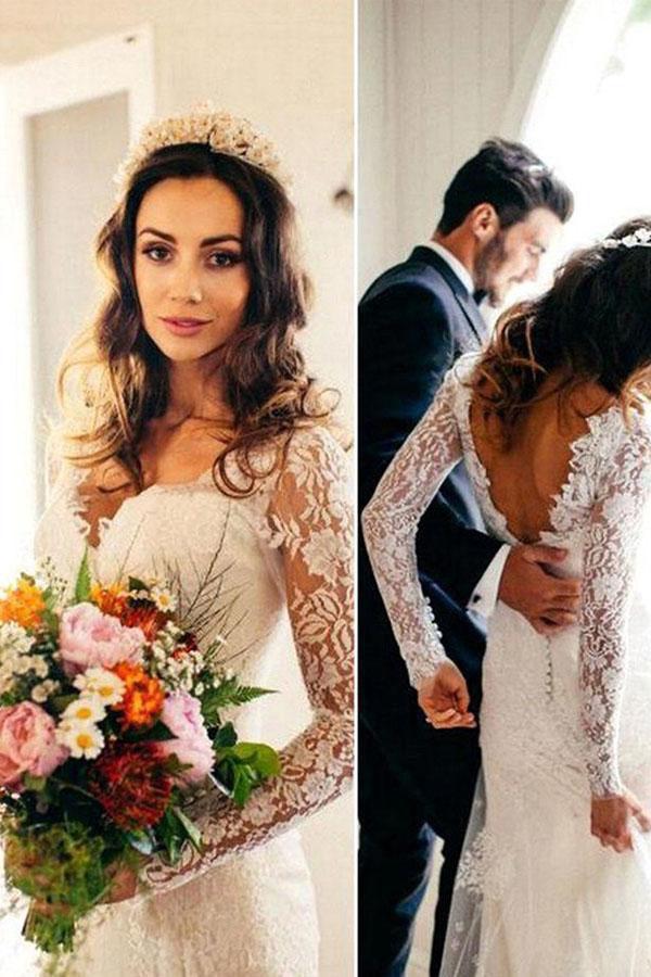 Sexy Gorgeous Mermaid Long Sleeves V-Neck Backless White Lace Wedding Dresses