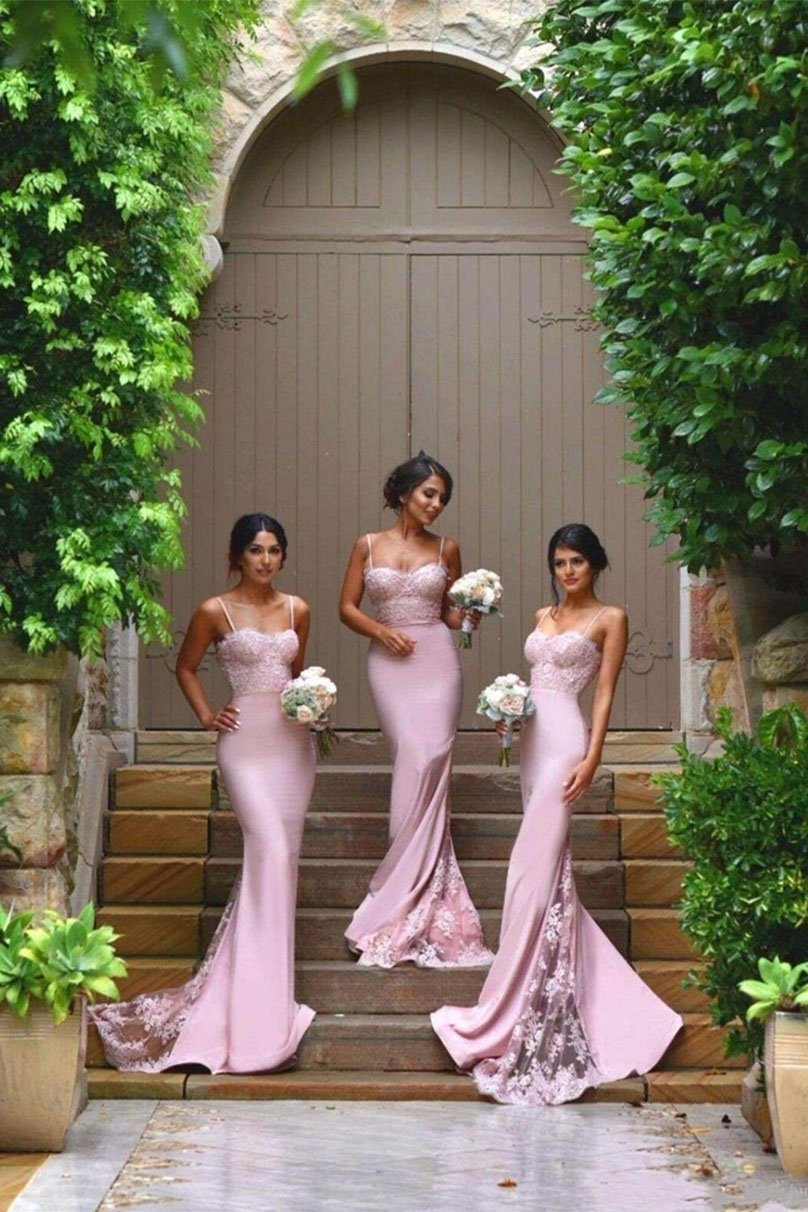 New Arrival Pink Spaghetti Straps Lace High Quality Mermaid Long Bridesmaid Dresses