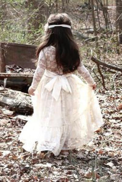 Scoop Ivory Lace Girl Dress Ivory Bowknot Baby Dress Long Sleeve Flower Girl Dress