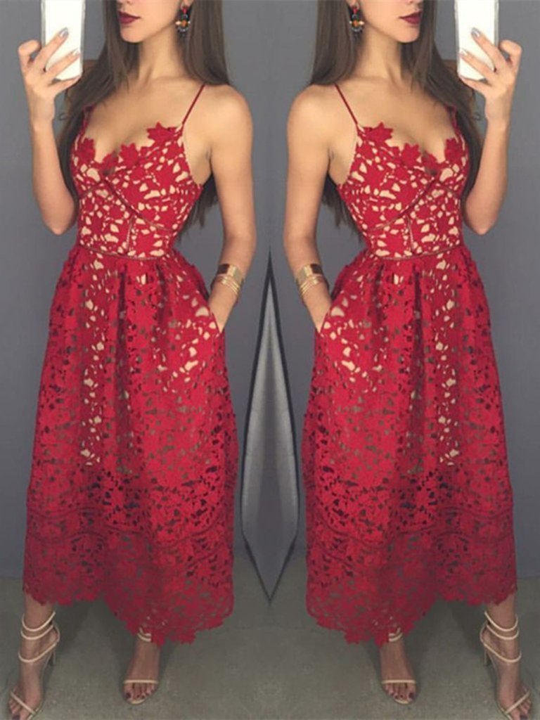 Mid-calf Red Lace Spaghetti Straps with Pockets Sweetheart Homecoming Dresses