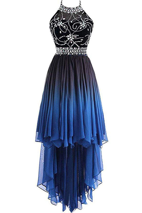 Unique High Low Sleeveless Halter Ombre Prom Dresses Bridesmaid Dresses with Beading