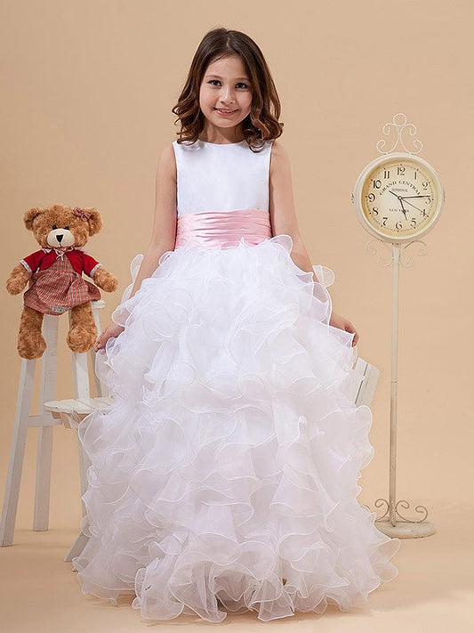 A-line/Princess Scoop Bowknot Sleeveless Long Organza Flower Girl Dresses TPP0007748
