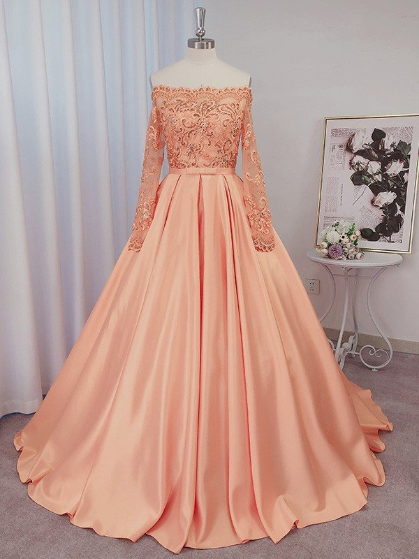 Ball Gown Satin Long Sleeves Beading Off-the-Shoulder Court Train Dresses TPP0001720