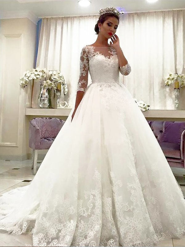 Ball Gown Tulle 3/4 Sleeves Bateau Lace Court Train Wedding Dresses TPP0006114