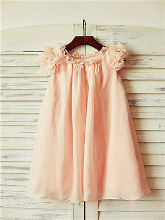 A-line/Princess Scoop Short Sleeves Tea-Length Chiffon Flower Girl Dresses TPP0007767