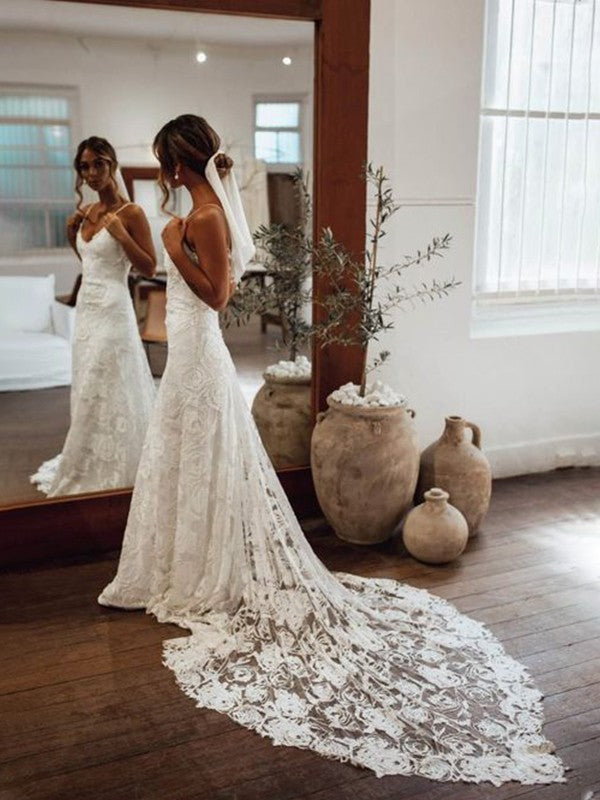 Sheath/Column Spaghetti Straps Lace Applique Sleeveless Court Train Wedding Dresses TPP0005932
