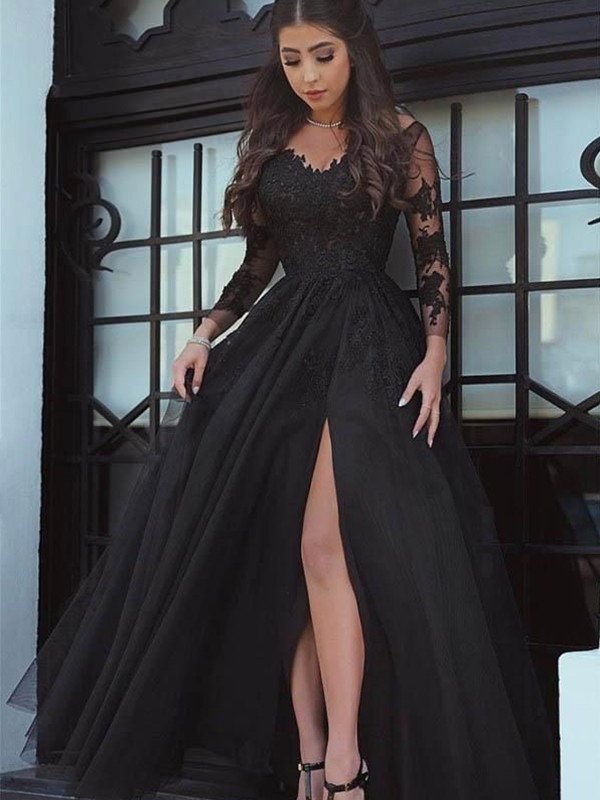 Ball Gown Long Sleeves Off-the-Shoulder Floor-Length Tulle Applique Dresses TPP0001366