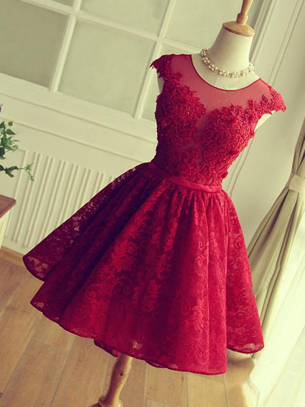 A-Line Jewel Cut Short With Applique Lace Red Homecoming Dresses TPP0008239