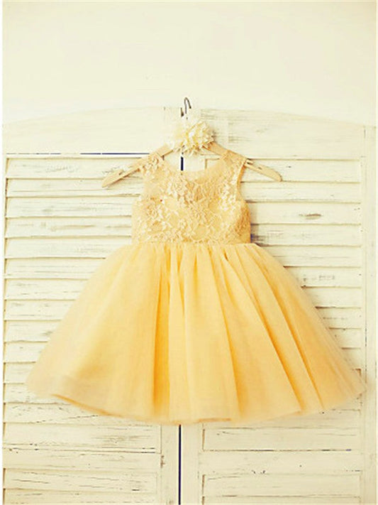 A-line/Princess Scoop Sleeveless Lace Tea-Length Tulle Flower Girl Dresses TPP0007768