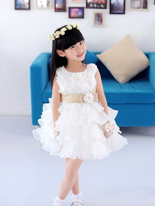 A-line/Princess Scoop Sleeveless Hand-made Flower Short Organza Flower Girl Dresses TPP0007760